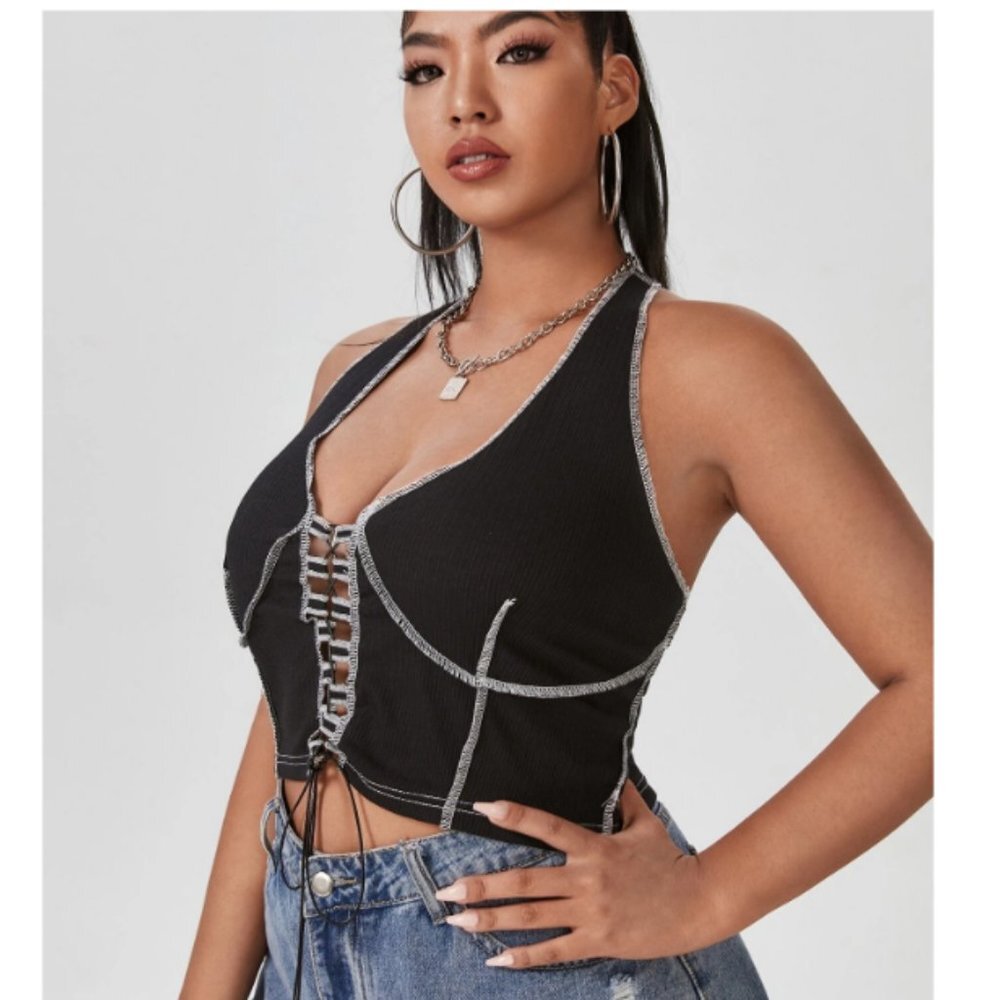 black crop high waist white stitch halter casual sexy beach 1x shirt top blouse - Picture 3 of 3